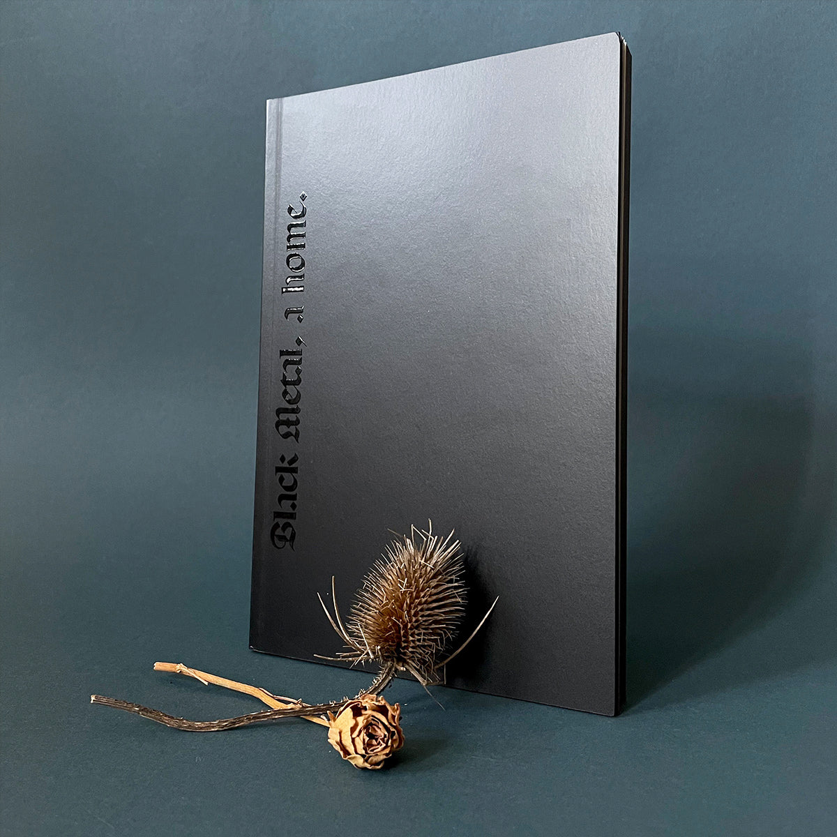 A black book titled 'Black Metal, A Home' with an image of a dried plant on its surface, presented against a gray background.