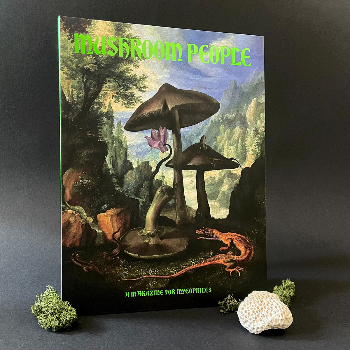 A magazine cover of 'Mushroom People' featuring an illustrated image of mushrooms in a natural setting with green text.
