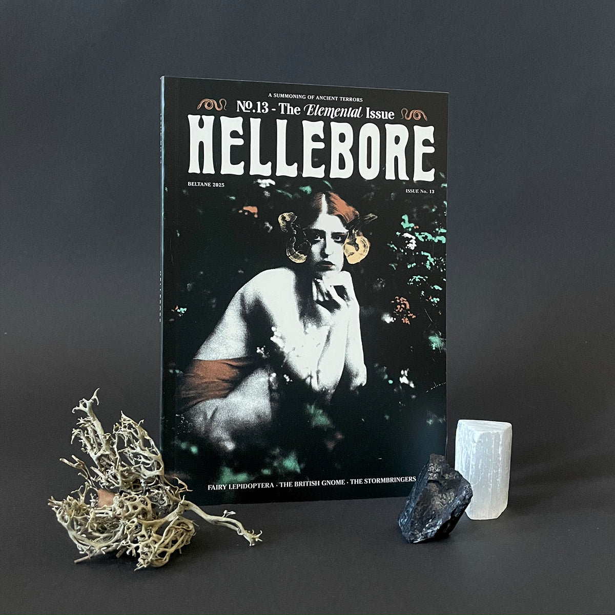 A cover image of 'Hellebore Issue 13: The Elemental Issue' featuring a person in a monochrome photo with elements of nature, with contributing factors like stones and plant branches arranged around it.