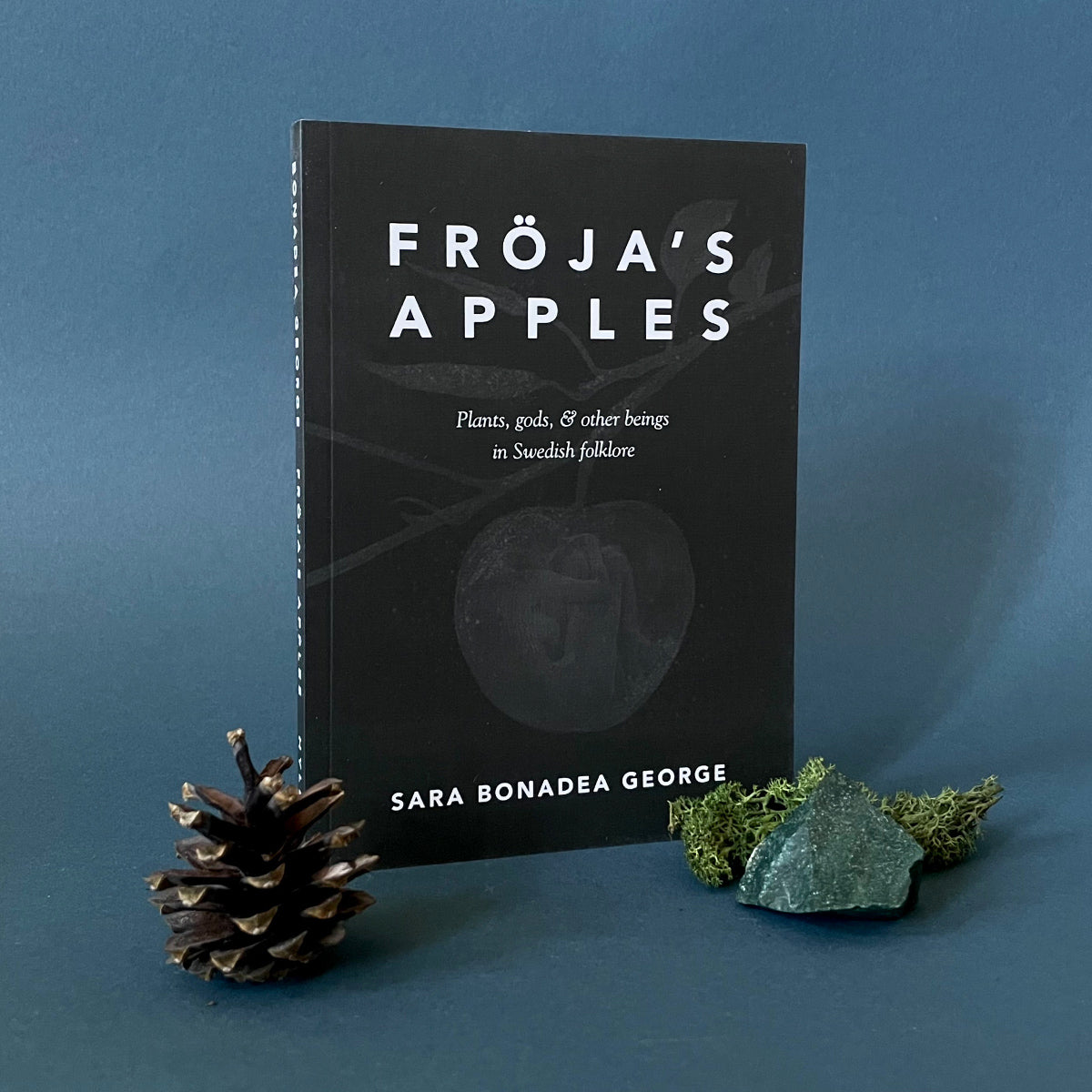 A book titled 'Fröja's Apples' by Sara Bonadea George, featuring a black cover with white text, placed on a blue background with a pine cone and greenery to the side.