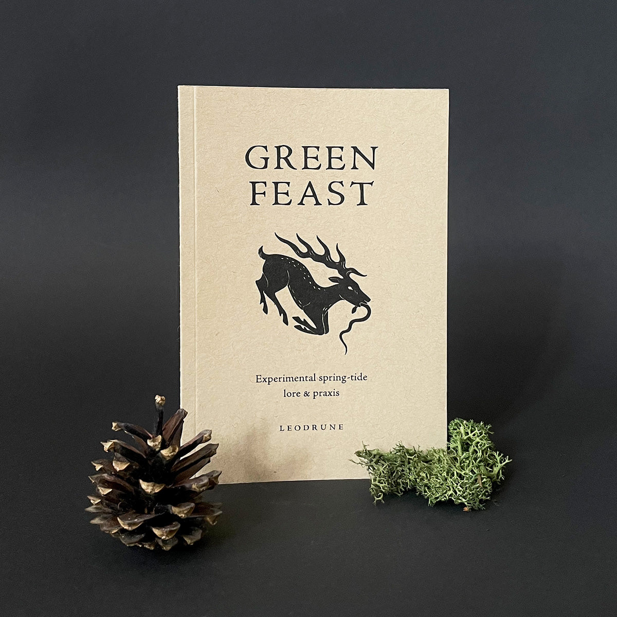 A book titled 'GREEN FEAST' with a black silhouette of a stag on the cover, placed next to a pine cone and a small mossy branch on a dark background.