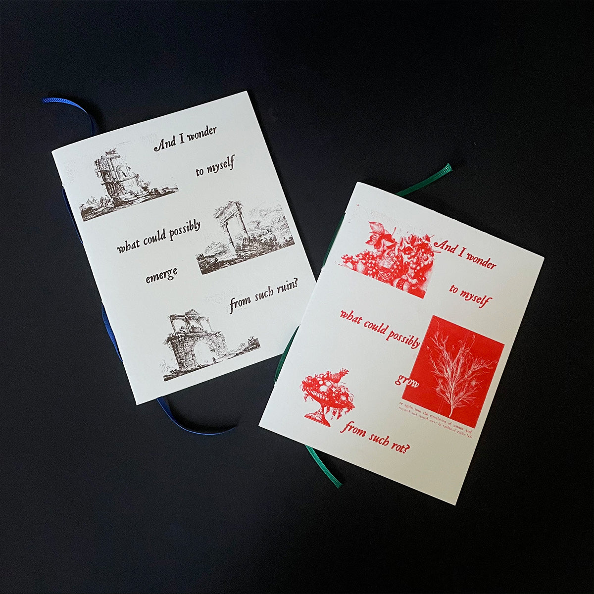 Two ribbon-bound notebooks with riso printed covers, one in red and the other in brown, featuring text and abstract designs.