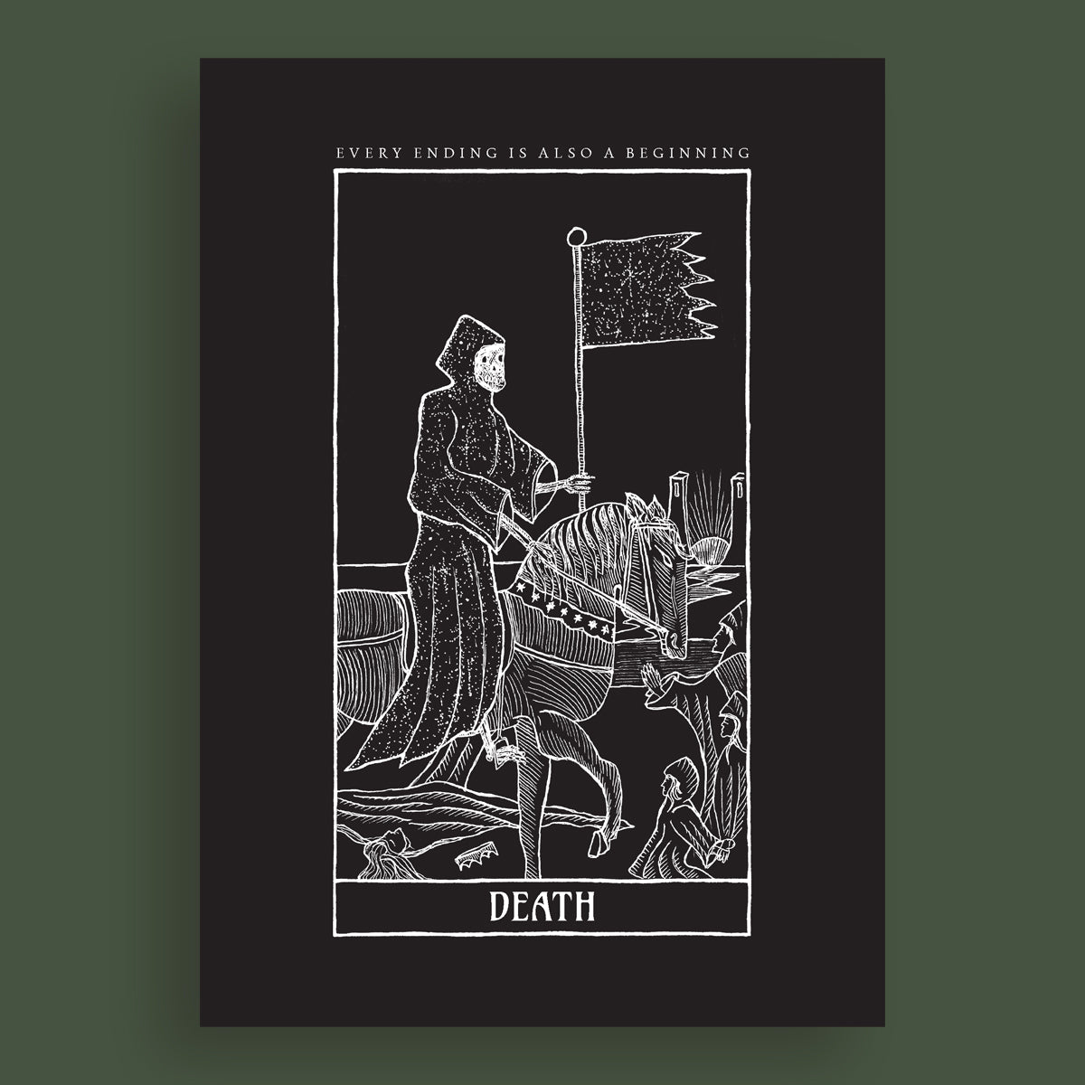 Art print depicting a traditional tarot card scene with the label 'DEATH' at the bottom, a figure on a horse with a flag, and the text 'EVERY ENDING IS ALSO A BEGINNING' at the top.