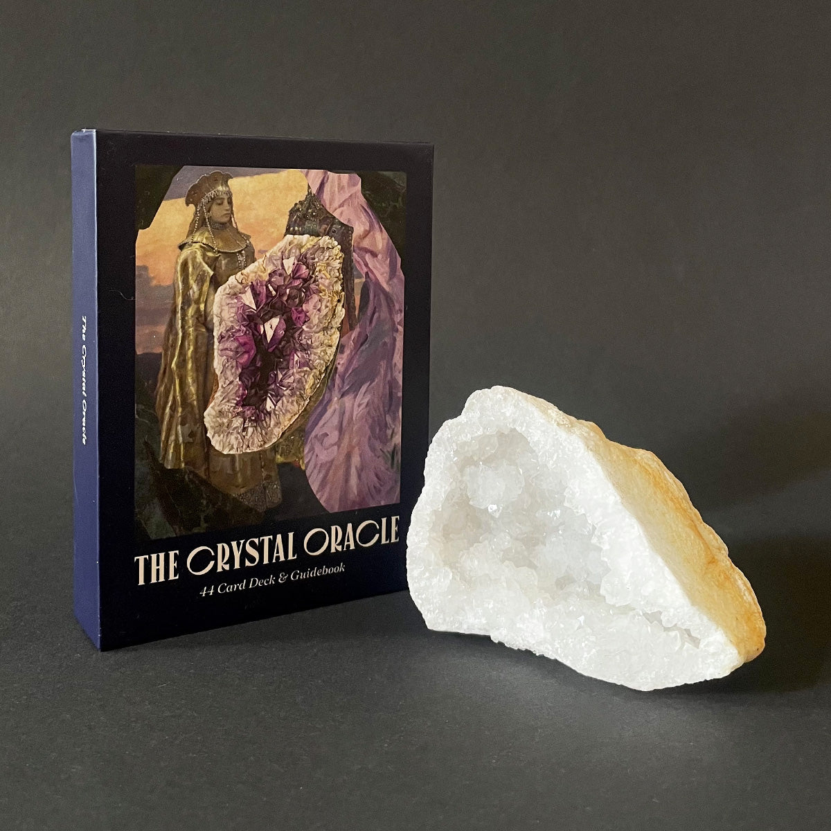 Crystal Oracle card set with a crystal on a dark background