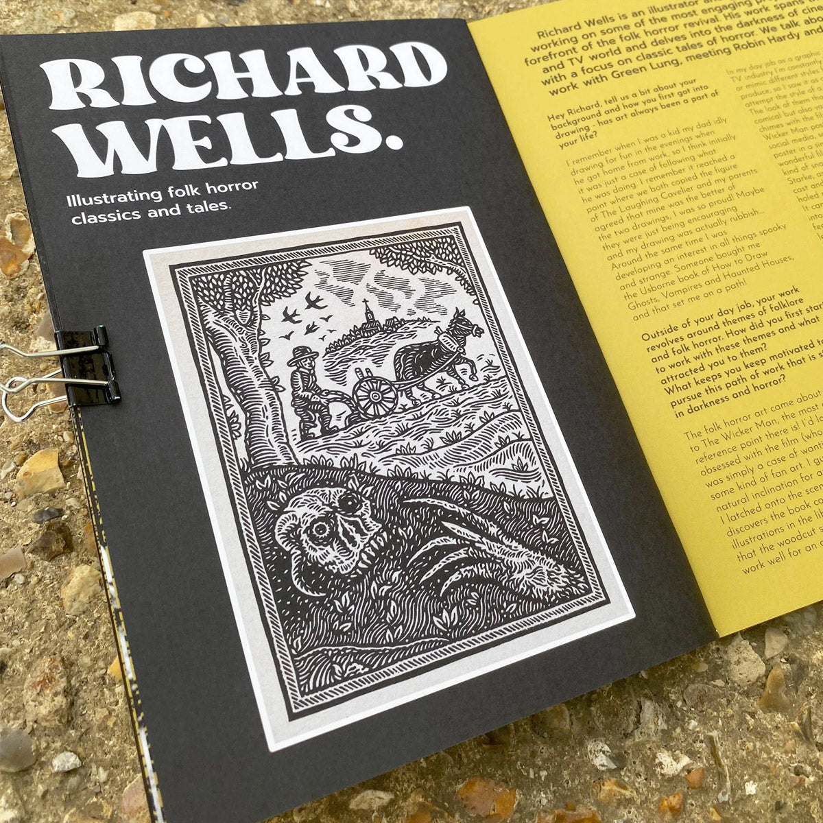 Book with a black cover featuring a illustration and text about Richard Wells on a stone surface.